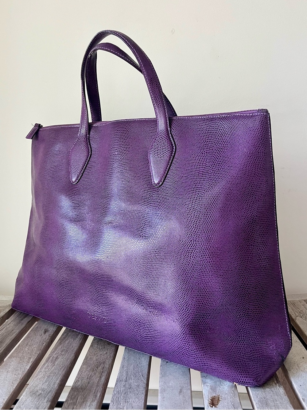 Vintage Italian Leather Tote Purple Lizard Embossed Large Quiet Luxury Bag